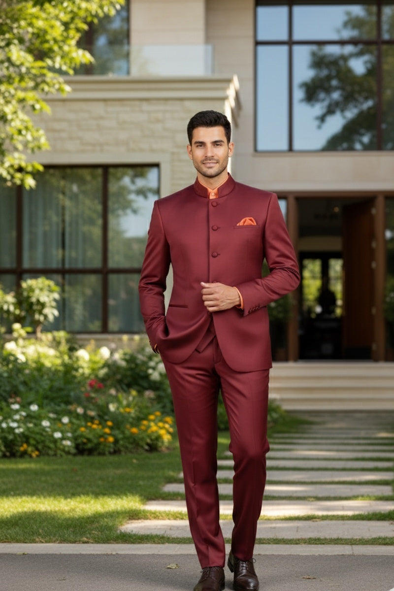 "Mandarin" Burgundy 5-Button Suit (2-Piece Set)