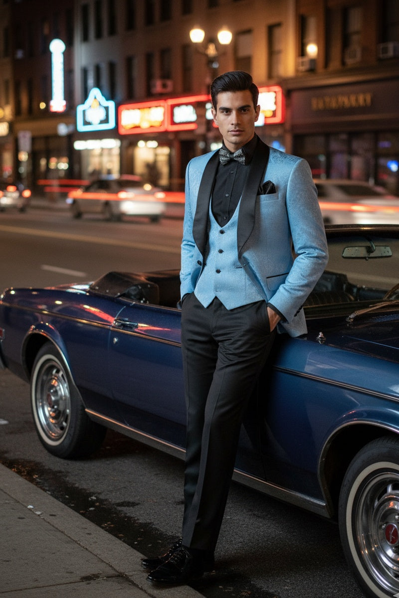 "Nico" Light Blue Vinci 1-Button Shawl Tuxedo (3-Piece Set)