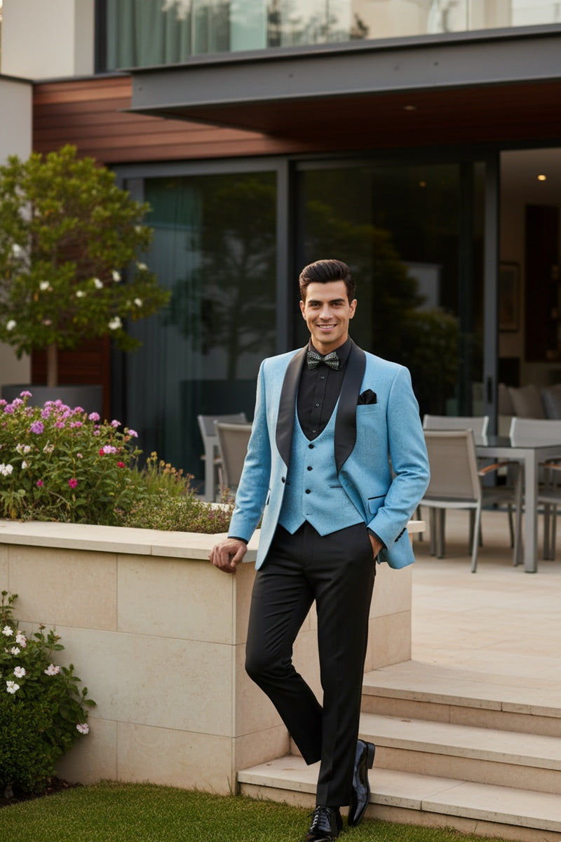 "Nico" Light Blue Vinci 1-Button Shawl Tuxedo (3-Piece Set)