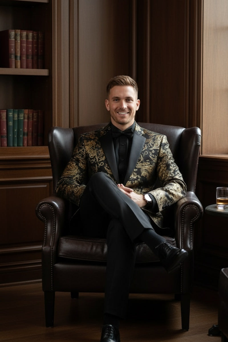 "Posh Paisley Velvet" Black & Gold Tuxedo Jacket (Separates)