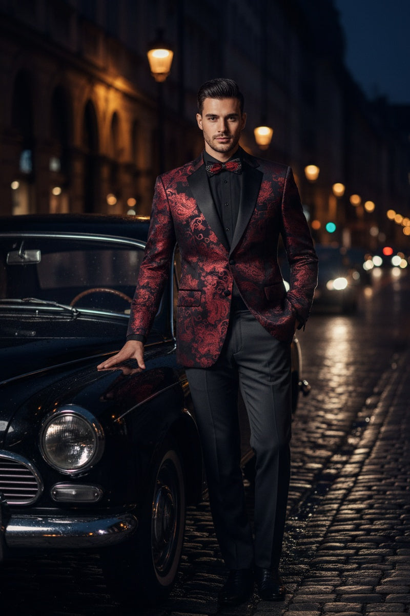 "Posh Paisley Velvet" Red Tuxedo Jacket (Separates)