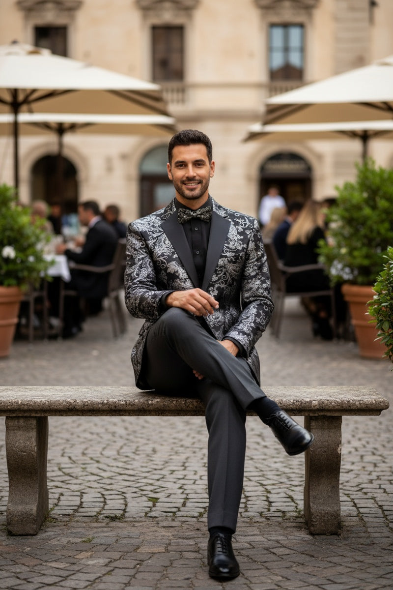 "Posh Paisley Velvet" Silver Tuxedo Jacket (Separates)