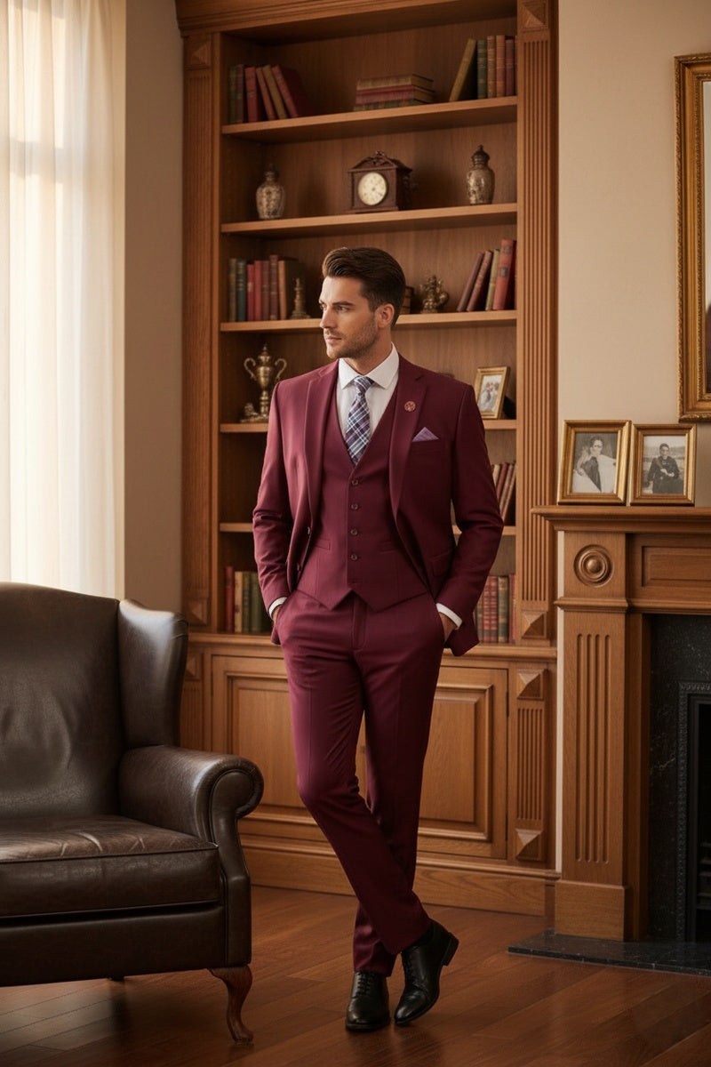 "Preston" Burgundy 2-Button Notch Suit (3-Piece Set)