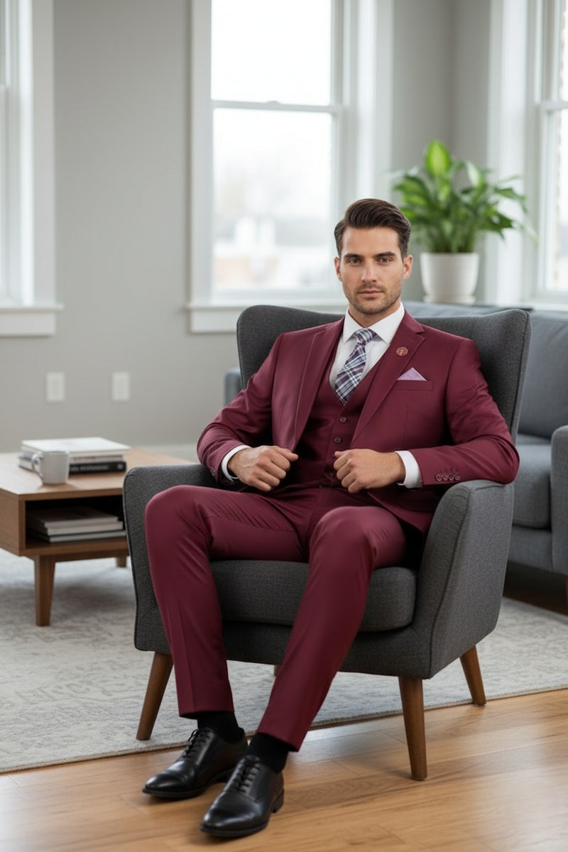 "Preston" Burgundy 2-Button Notch Suit (3-Piece Set)