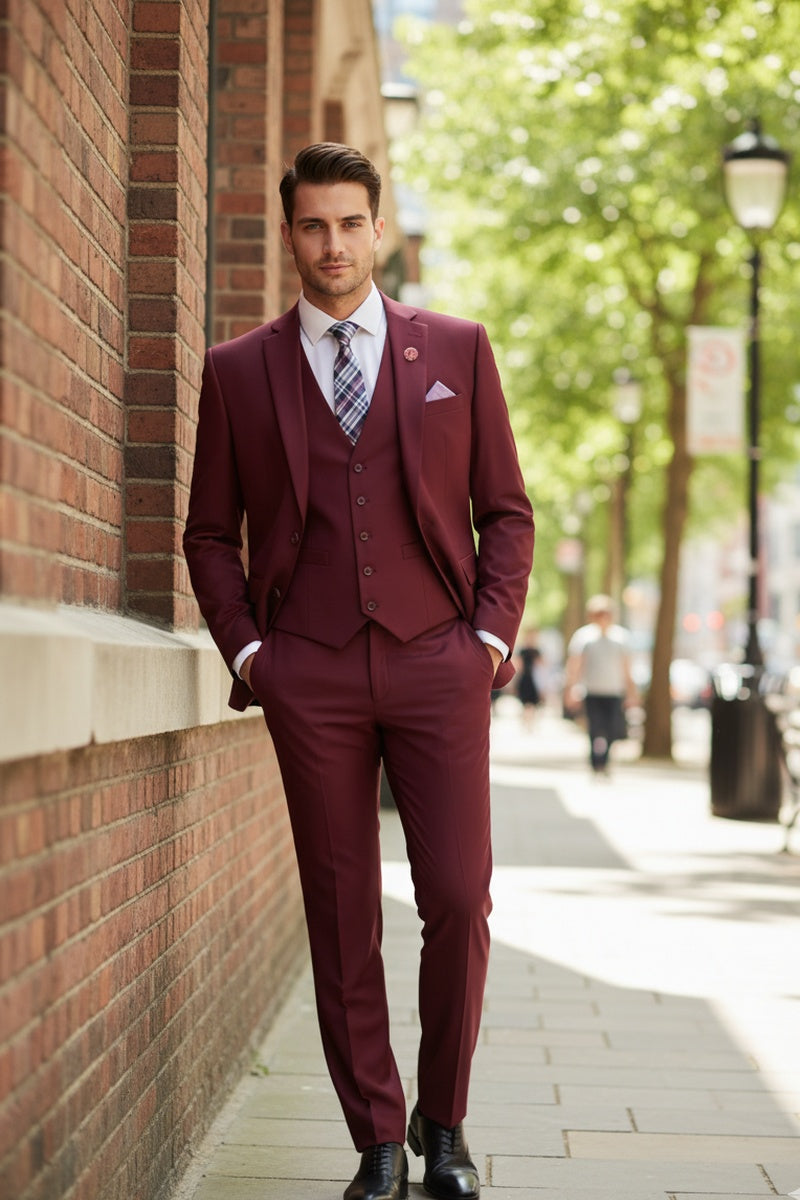 "Preston" Burgundy 2-Button Notch Suit (3-Piece Set)