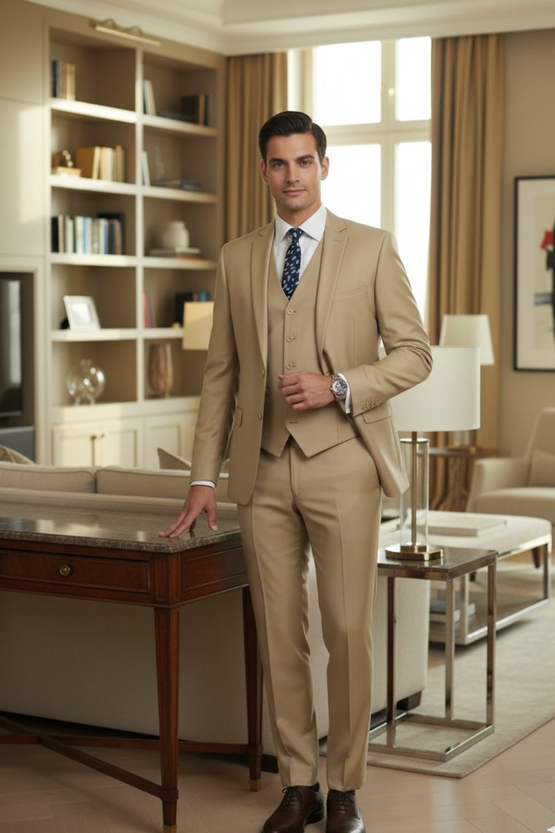 "Preston" Light Beige 2-Button Notch Suit (3-Piece Set)