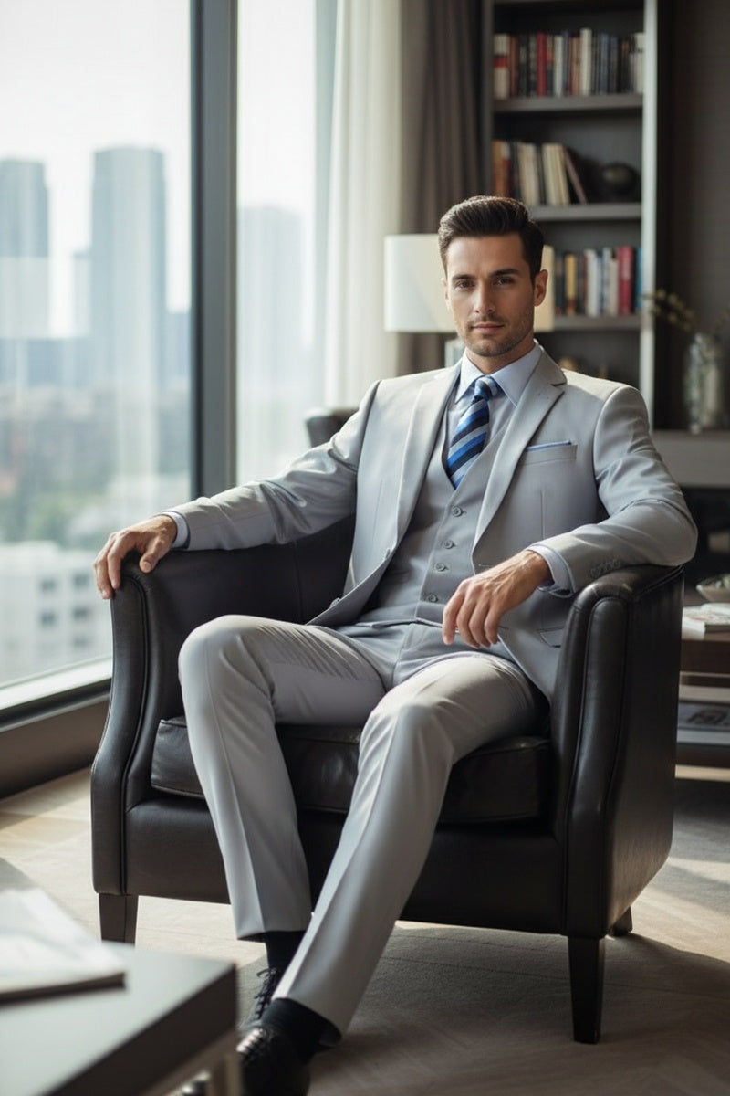 "Preston" Light Grey 2-Button Notch Suit (3-Piece Set)