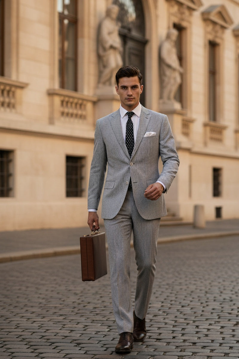 "Seersucker" Black 2-Button Notch Suit (2-Piece Set)