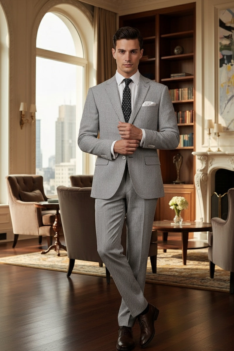 "Seersucker" Black 2-Button Notch Suit (2-Piece Set)