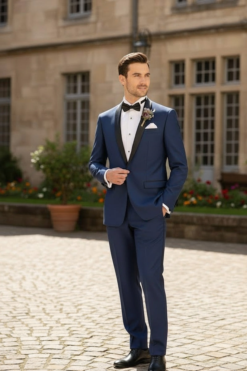 "Sleek" Blue 1-Button Shawl Tuxedo (2-Piece Set)