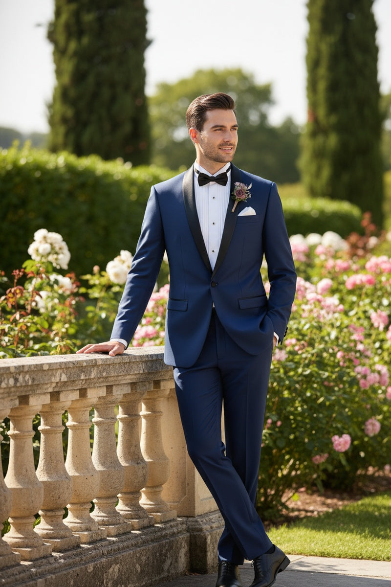 "Sleek" Blue 1-Button Shawl Tuxedo (2-Piece Set)