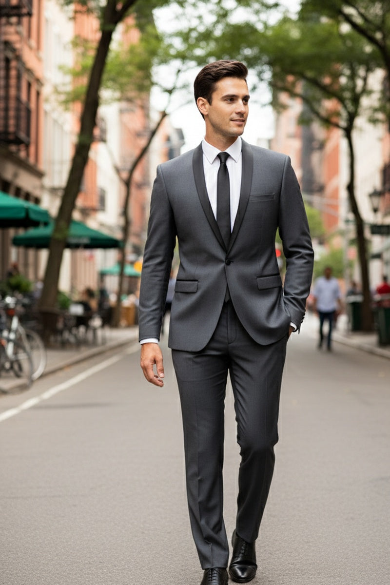 "Sleek" Grey 1-Button Shawl Tuxedo (2-Piece Set)