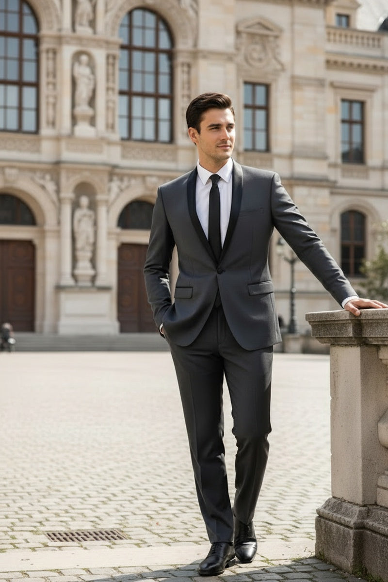 "Sleek" Grey 1-Button Shawl Tuxedo (2-Piece Set)