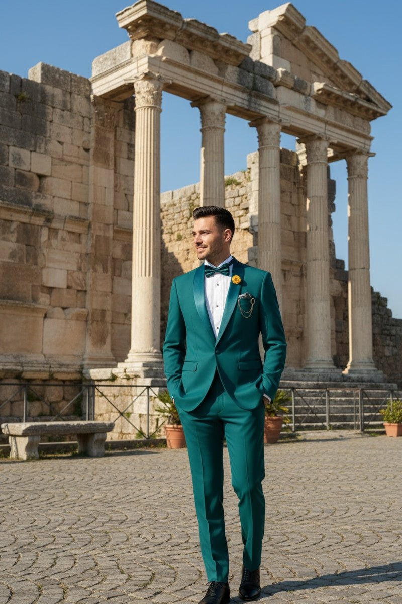 "Spectrum" Teal 1-Button Shawl Tuxedo (3-Piece Set)