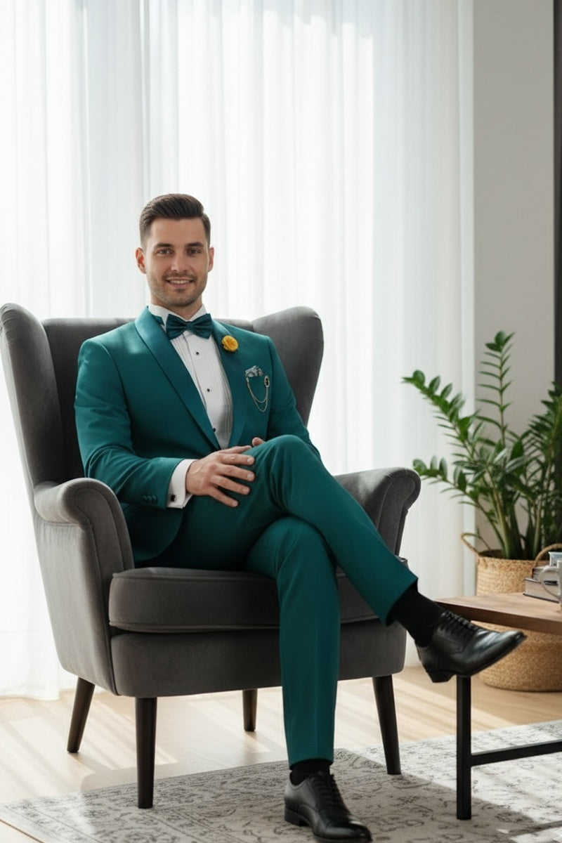 "Spectrum" Teal 1-Button Shawl Tuxedo (3-Piece Set)