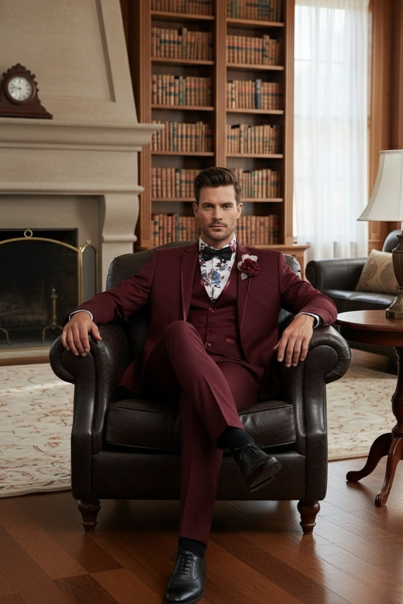 "Syracuse" Burgundy Vinci 2-Button Notch Tuxedo (3-Piece Set)