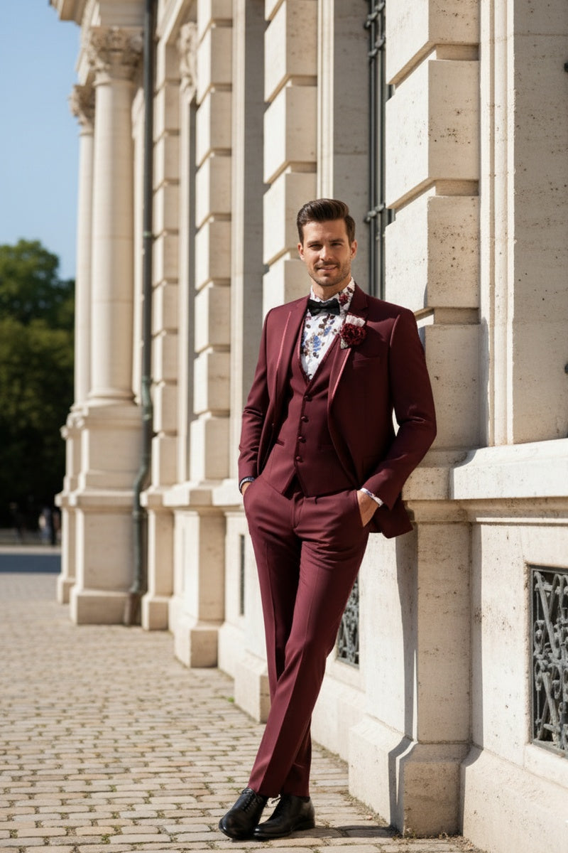 "Syracuse" Burgundy Vinci 2-Button Notch Tuxedo (3-Piece Set)