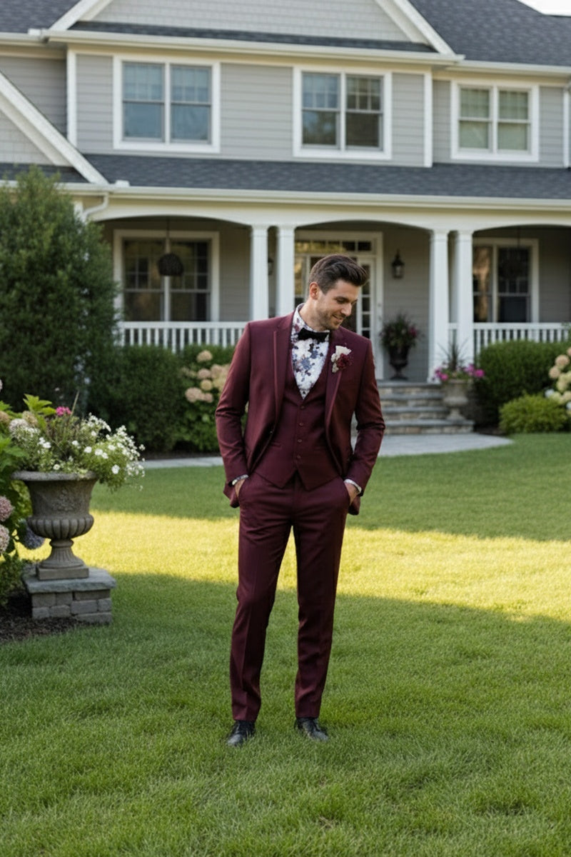 "Syracuse" Burgundy Vinci 2-Button Notch Tuxedo (3-Piece Set)
