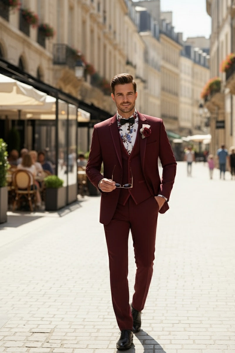 "Syracuse" Burgundy Vinci 2-Button Notch Tuxedo (3-Piece Set)