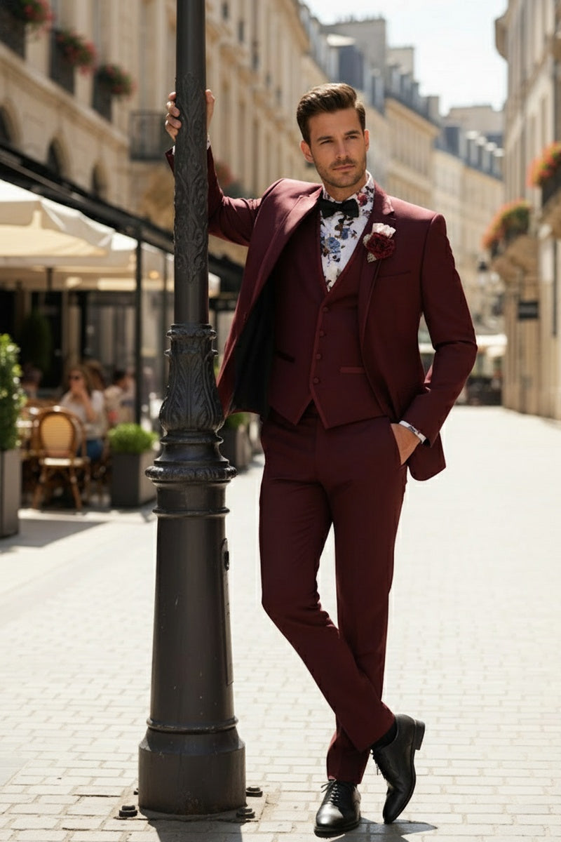 "Syracuse" Burgundy Vinci 2-Button Notch Tuxedo (3-Piece Set)