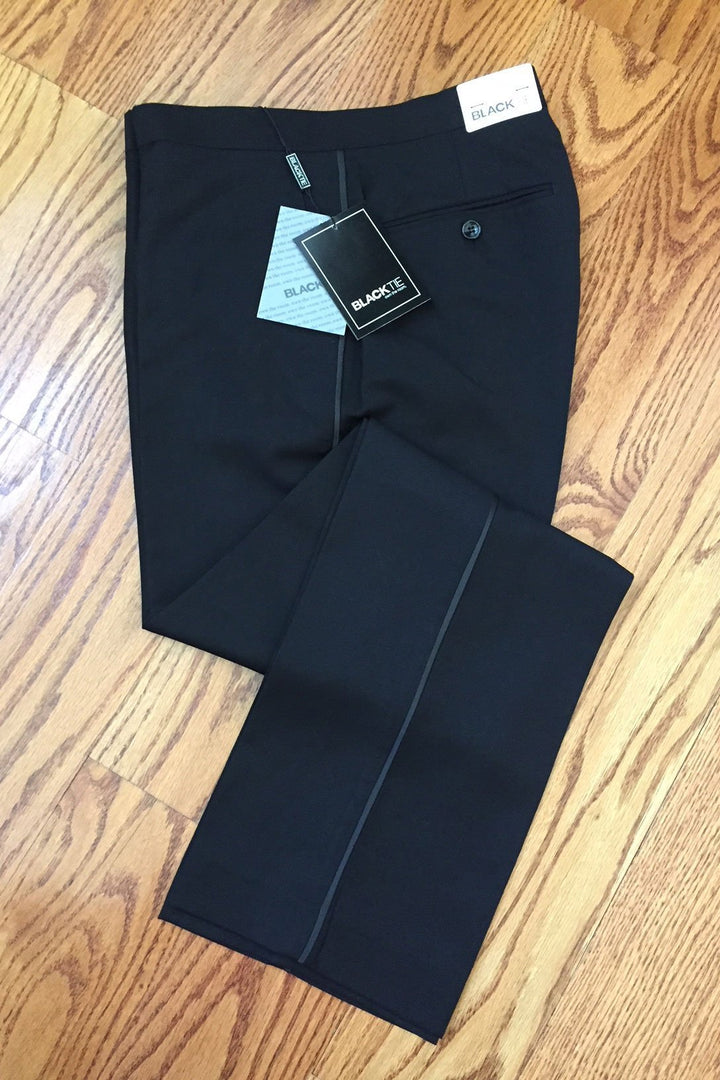 BT Collection Black Luxury Wool Blend Tuxedo Pants - Unhemmed