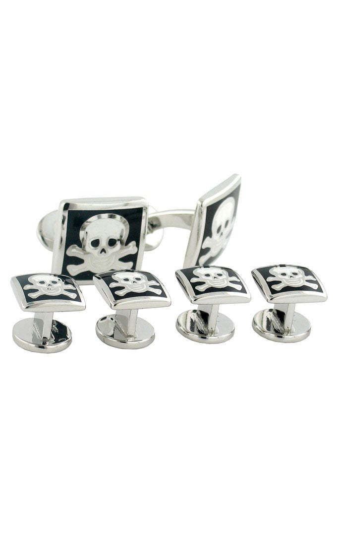 David Donahue Sterling Silver Black & White Skull & Cross Bones Studs & Cufflinks Set