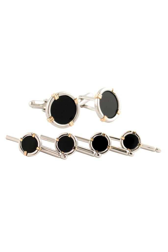 David Donahue Sterling Silver & 14kt Gold Wire Onyx Studs & Cufflinks Set