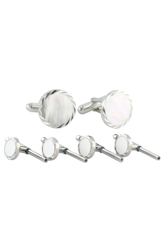 David Donahue Sterling Silver Mother of Pearl Diamond Cut Studs & Cufflinks Set