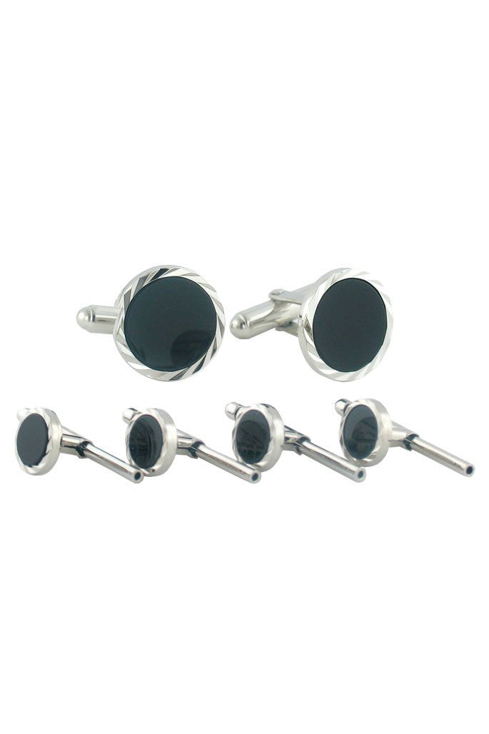 David Donahue Sterling Silver Onyx Diamond Cut Studs & Cufflinks Set