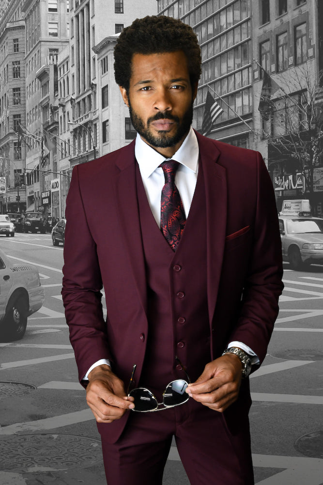 Men Suits Slim Fit 3 Piece Big And Tall Burgundy Suits For Wedding Male  Blazer Set